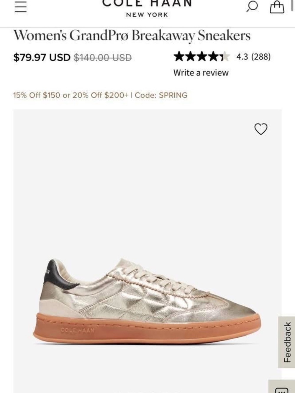 Cole Haan Metallic Gold Leather Sneakers with Tan Sole and Black Heel. Size 11.